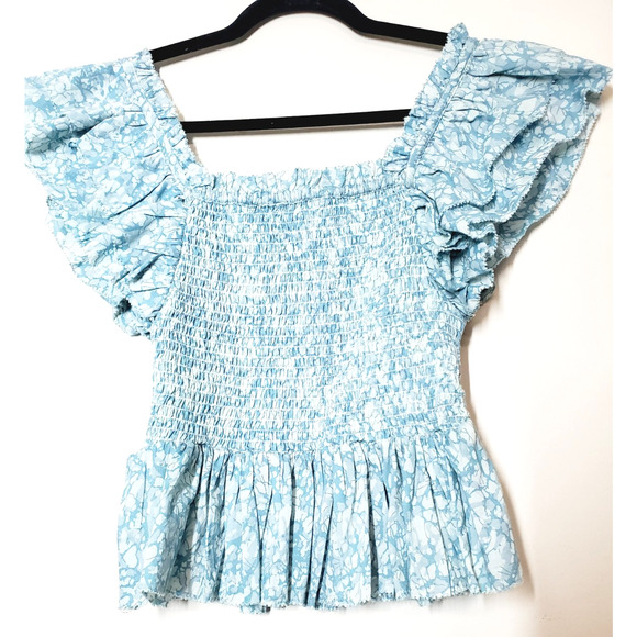 Love The Label Top Womens Small Puff Sleeve Ruffles Smocked Blue Peplum Feminine - Picture 5 of 11
